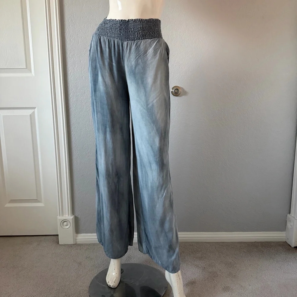 Final Touch Blue Tie-Dye Wide Leg Palazzo Pants Smocked Waist Boho Small USA - Picture 1 of 9